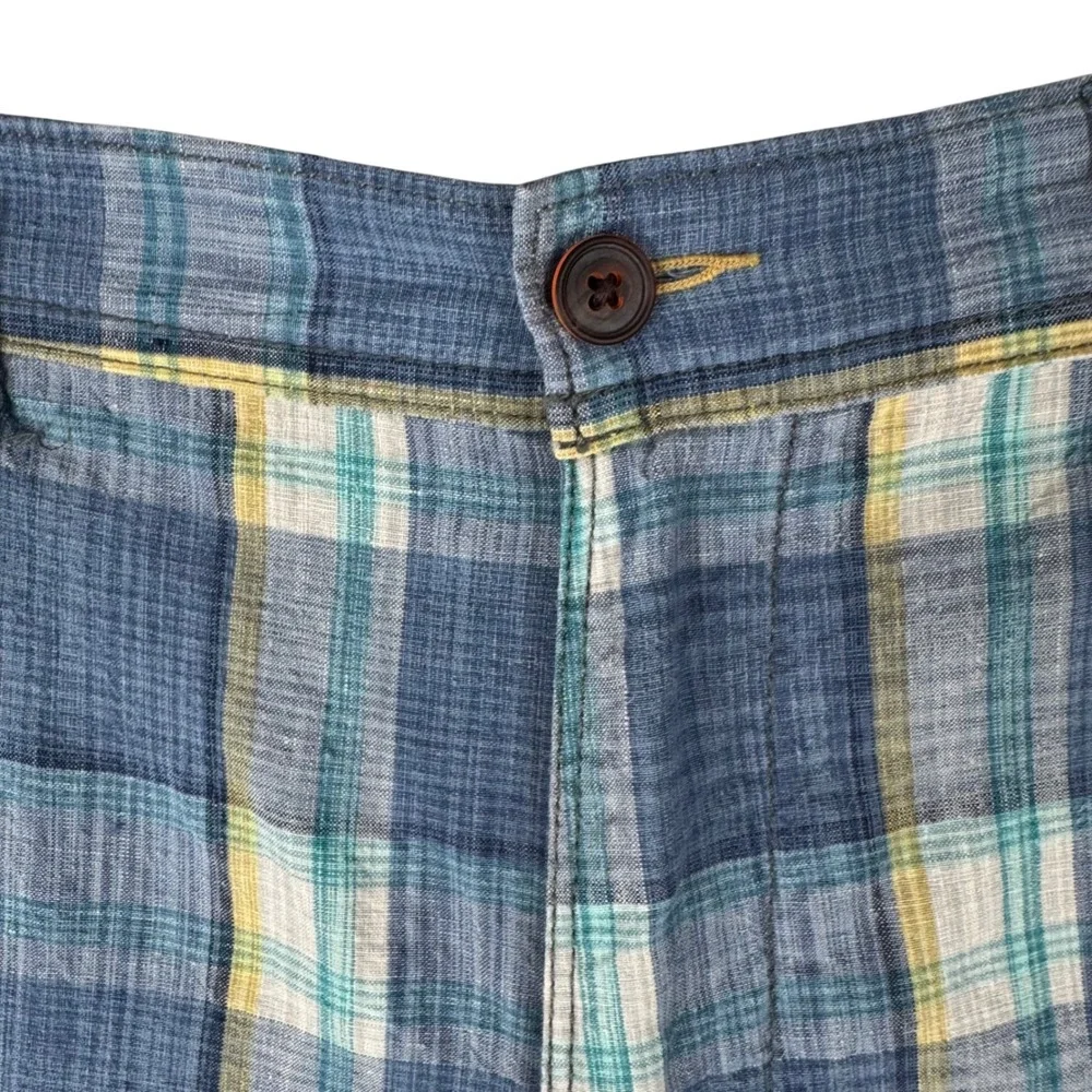 Tommy Bahama Mens Size 35 Beach Linen Silk Blend Plaid Shorts Blue Yellow Casual